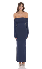 Off Shoulder Open Back Maxi Dress in Navy