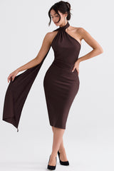chocolate wrap neck midi dress