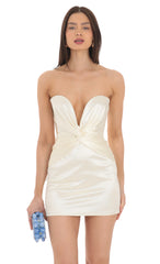 Satin Twist Strapless Dress in Cream