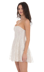 Gold Thread Strapless Fit and Flare Dress in Ivory