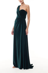 One Shoulder Deep Green Velvet Gown