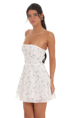 Floral Sheen Strapless A-line Dress in White