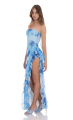 Floral Mesh Strapless Triple Ruffle Maxi Dress in Blue