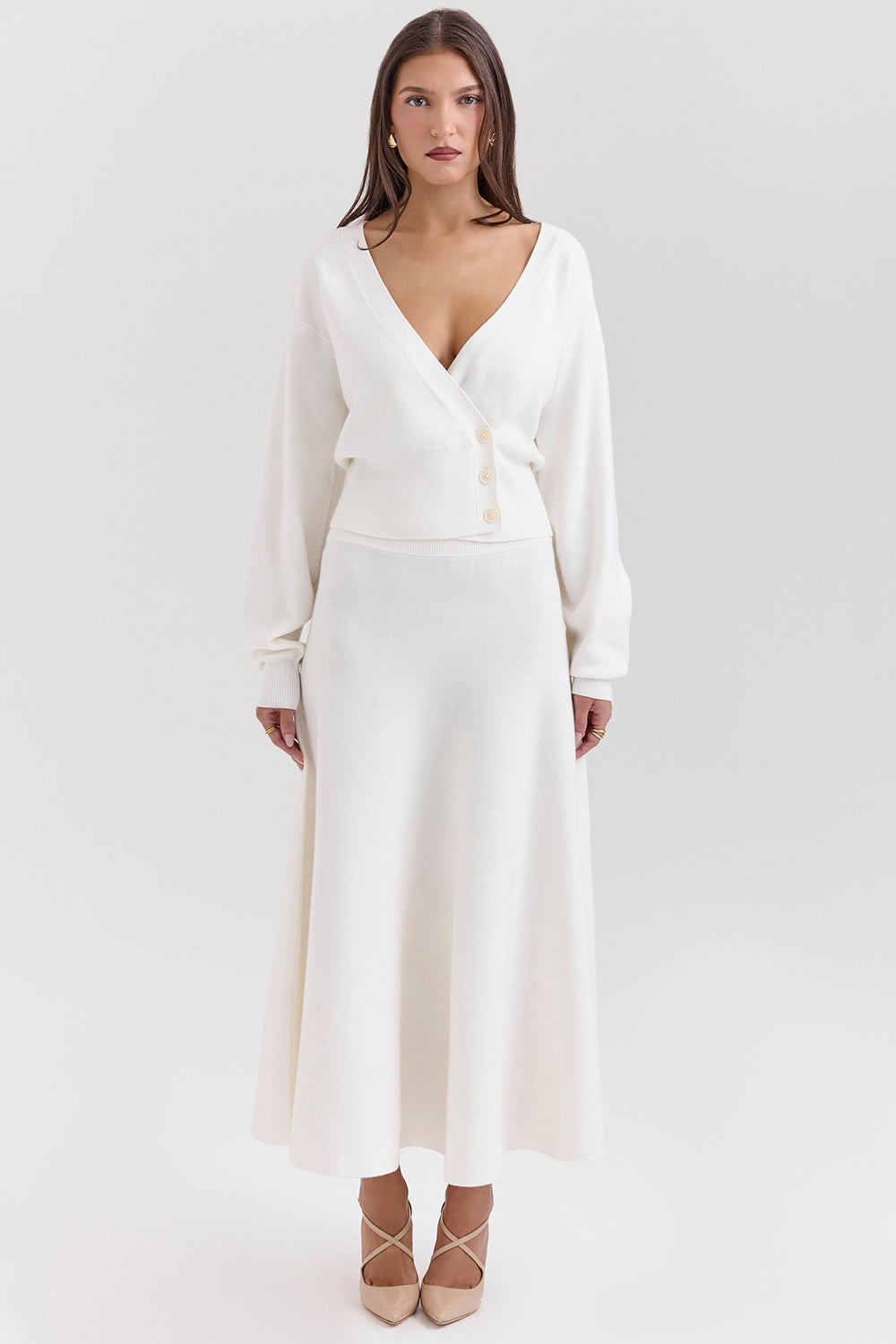 ivory wool mix flared midi skirt