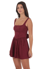Floral Jacquard Open Back Bow Dress in Burgundy