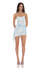 Tie Dye Mesh Tassel Dress in Blue