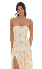 Floral Strapless Drop Waist Maxi Dress in Yellow