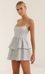 Floral Jacquard Ruffle Dress in Grey