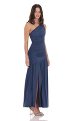 One Shoulder Drop Waist Maxi Dress in Navy