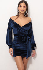 Off The Shoulder Velvet Dress in Navy