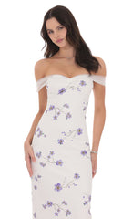 Tulle Off Shoulder Floral Maxi Dress in White