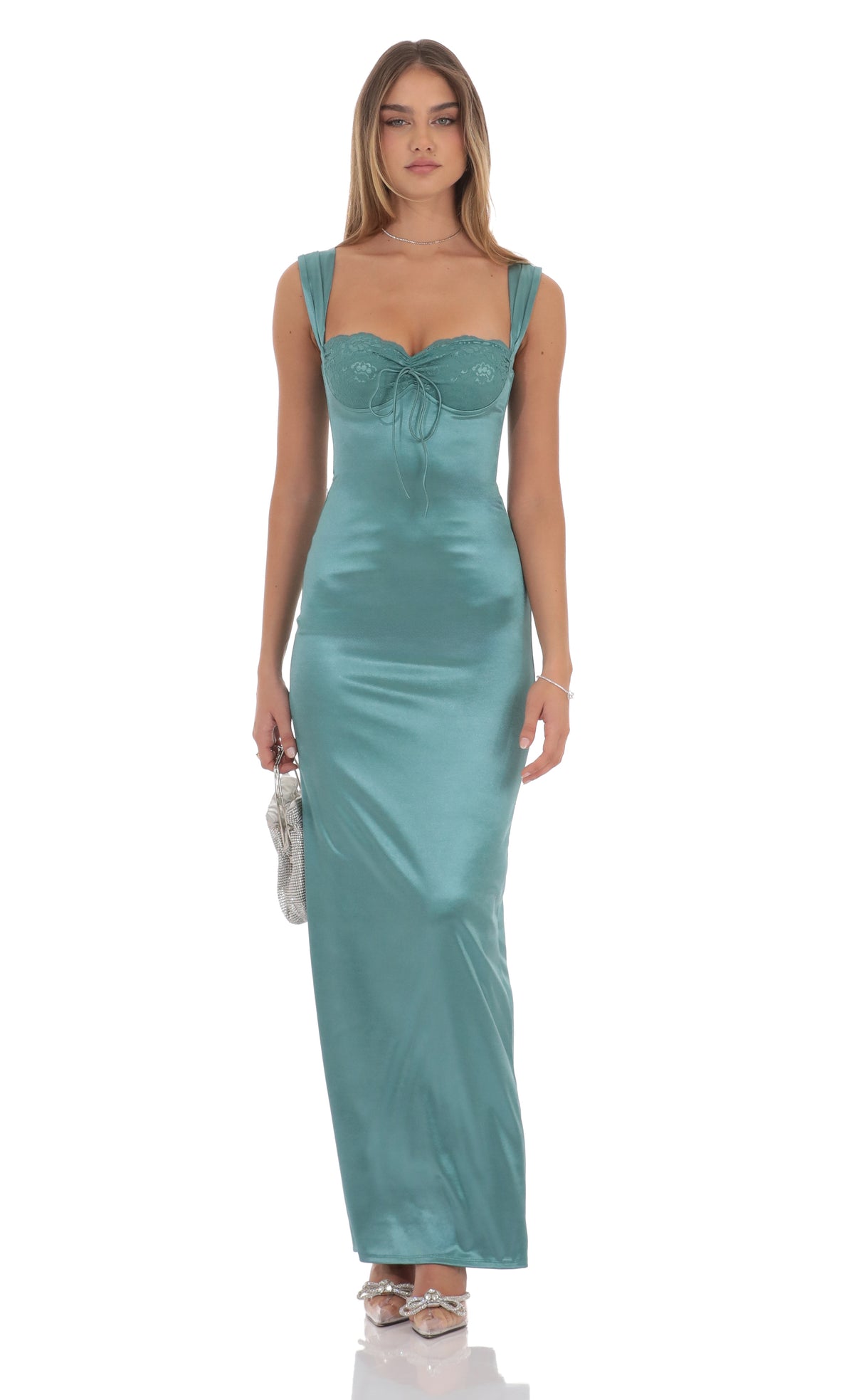 Satin Lace Maxi Dress in Blue