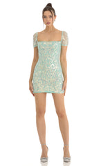 Glitter Short Sleeve Bodycon Dress in Teal