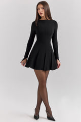 black stretch crepe godet mini dress