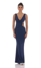 V-Neck Conch Cutout Maxi Dress in Navy