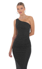 One Shoulder Rhinestone Maxi Dress in Black