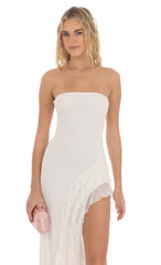 Mesh Strapless Triple Ruffle Maxi Dress in White