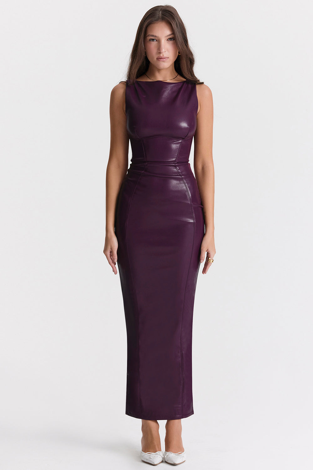 merlot vegan leather maxi dress