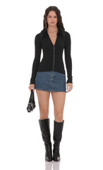 Fur Collar Zip-Up Cardigan in Black