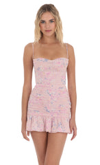 Floral Open Back Ruched Ruffle Dress in Pink