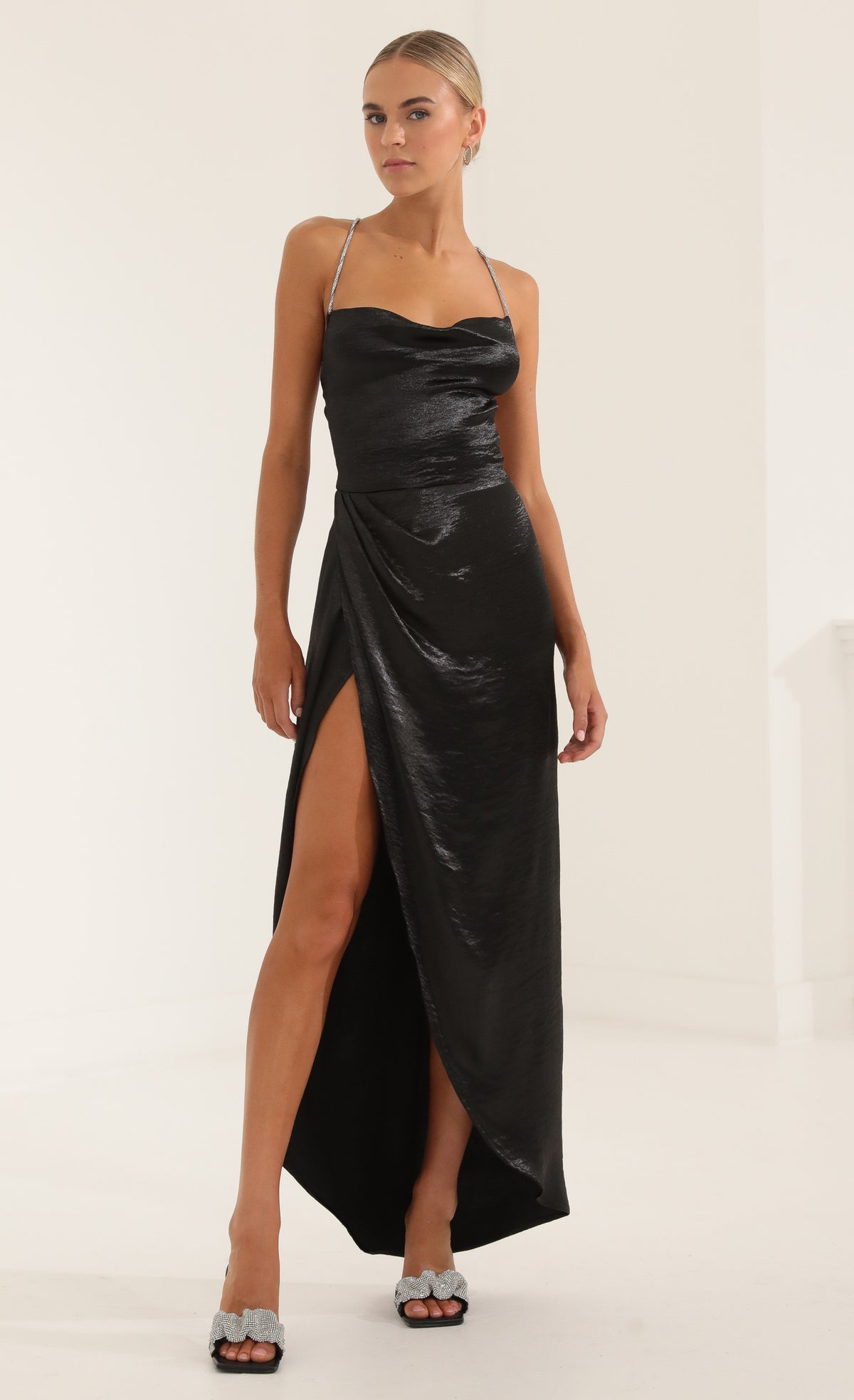 Satin Luxe Rhinestone Strap Maxi Dress in Black
