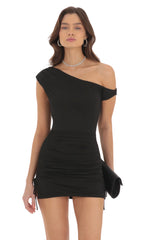 Off Shoulder Ruched Bodycon Dress in Black