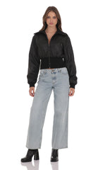 Cinched Faux Leather Bomber Jacket in Black