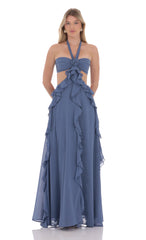 Chiffon Cutout Ruffle Maxi Dress in Blue
