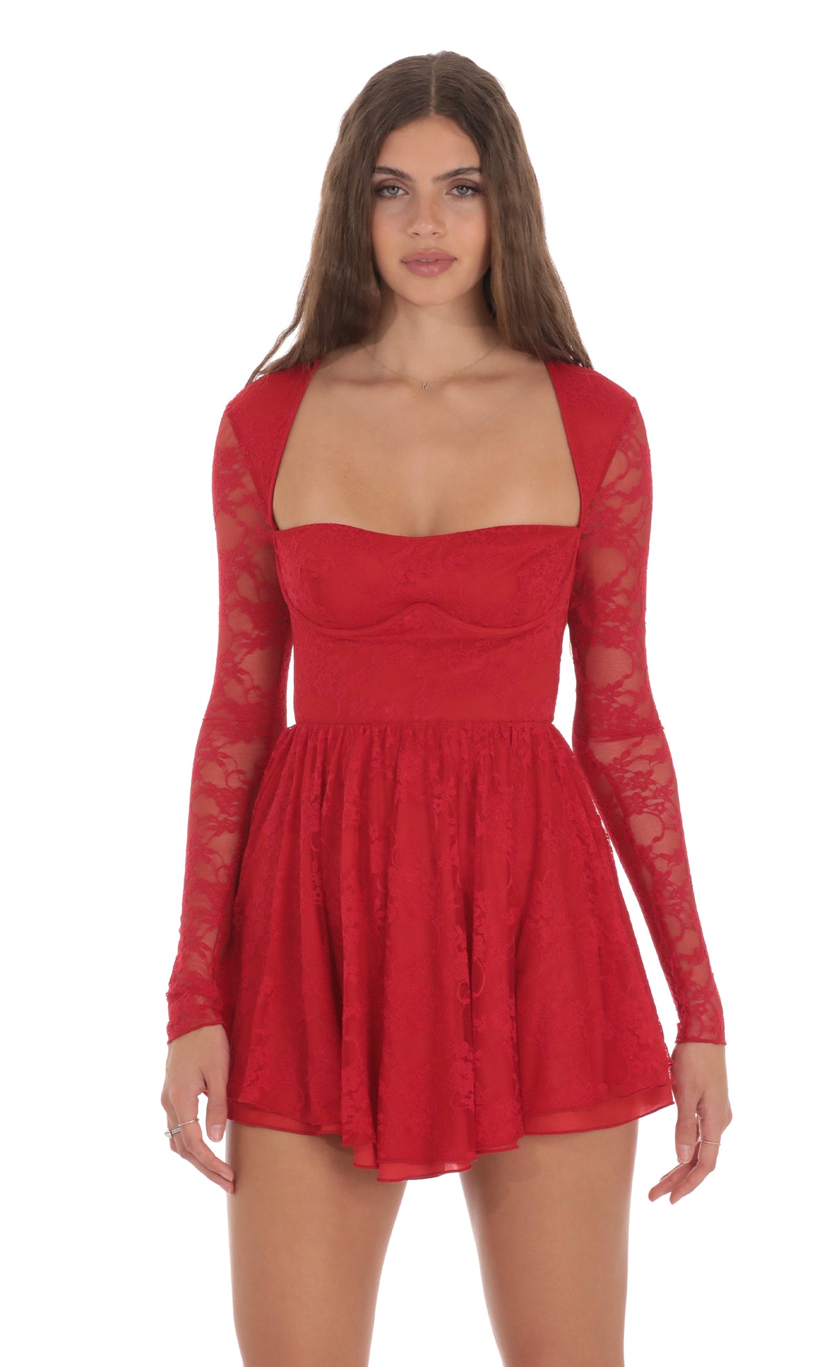 Long Sleeve Lace A-line Dress in Red