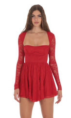 Long Sleeve Lace A-line Dress in Red