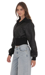 Cinched Faux Leather Bomber Jacket in Black