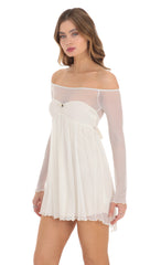 Mesh Off Shoulder Babydoll Dress in Ivory