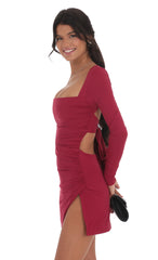 Long Sleeve Side Slit Dress in Red