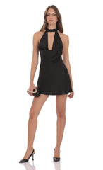 Satin Choker Cowl Neck Dress in Black