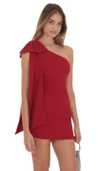 One Shoulder Bow Dress in Red