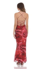 Floral Bodycon Open Back Maxi Dress in Red