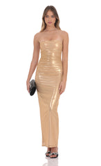 Strapless Metallic Mesh Maxi Dress in Gold