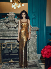 Gold Sequin Scoop Neck Gown