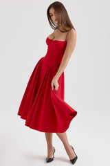 red gathered midi dress