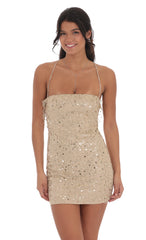 Sequin Ruffle Mini Dress in Gold