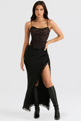 black satin lace trim midi skirt