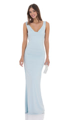 Pearl Open Back Maxi Dress in Light Blue