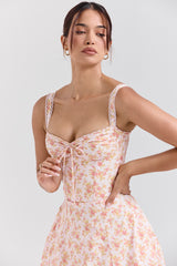 peach poppy print cotton bustier sundress