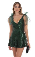 Sequin Shoulder Ties Dress in Green