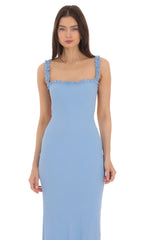 Square Neck Ruffle Strap Maxi Dress in Blue