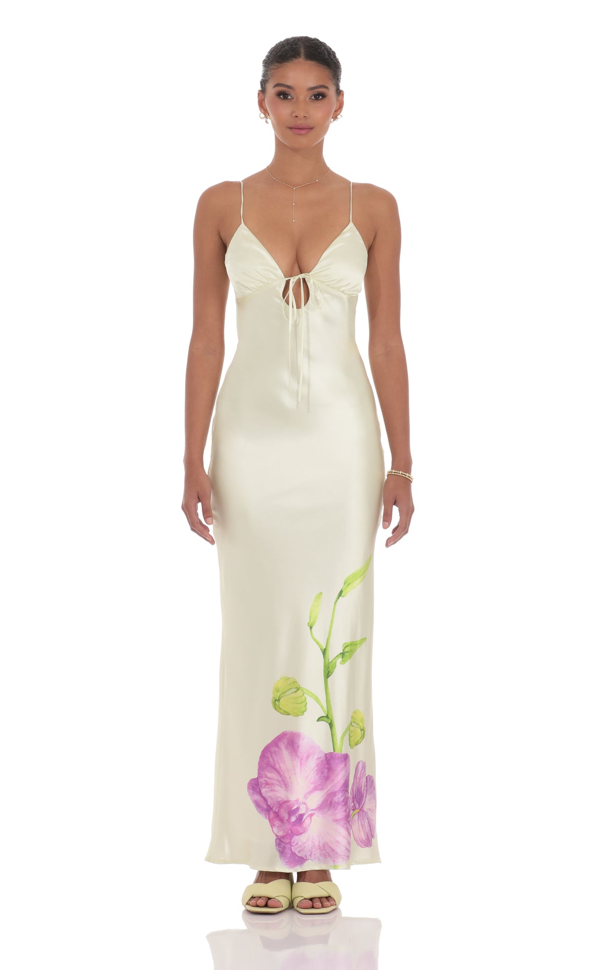 Satin Front Tie Floral Maxi Dress in Pastel Green