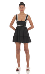 Embroidered Trim Babydoll Dress in Black