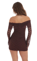 Lace Draped Off Shoulder Dress in Brown