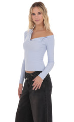 Off Shoulder Henley Top in Light Blue