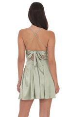 Satin Draped A-Line Dress in Sage